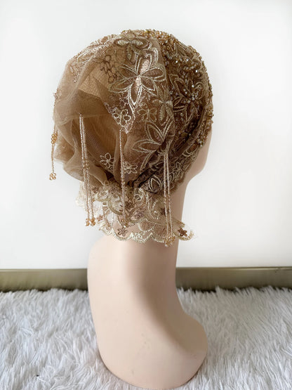 High Quality Lace handcrafted Beaded Turban Hat Female Head Wraps Caps Muslim Women Headscarf Bonnet Ready to Wear Inner Hijabs