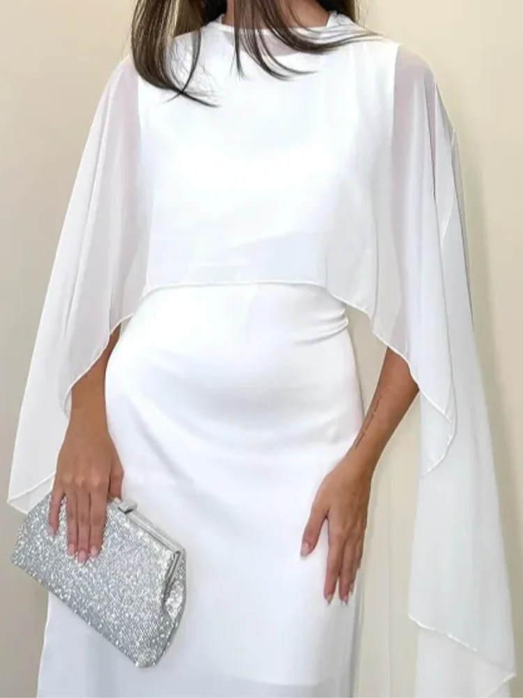 Sheer Cape Round Neck Maxi Dress For Woman Open Back Solid Plain Design Skirt Elegant Wedding Formal Evening Female Long Robes