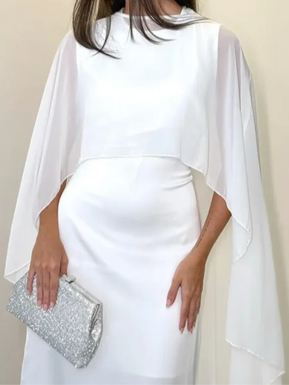 Sheer Cape Round Neck Maxi Dress For Woman Open Back Solid Plain Design Skirt Elegant Wedding Formal Evening Female Long Robes