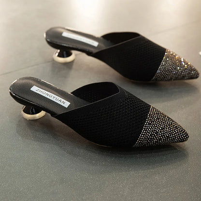 Elegant Medium Heel Women's Mules Shoes Women Designer Rhinestone Luxury Party Slippers Summer New 2025 Sandals Fashion Slipper