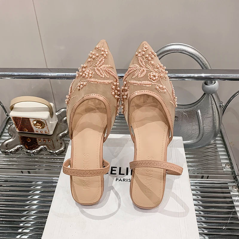 Pearl Bead Embroidery Lace Slingback Shoes Woman Luxury Floral Silk Gauze Low Heel Mules Ladies Elegant Evening Party Dress Shoe