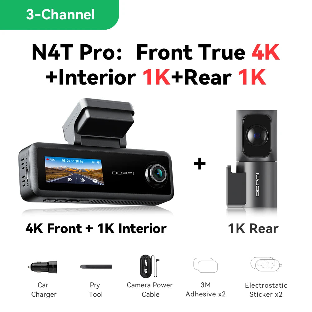 New DDPAI N4T Pro 4K+1K+1K Triple Dash Cam NightVIS 2.0 AI ISP Wi-Fi 6 ADAS GPS 4G Ready 24 7 Parking Monitoring Collision Wake Up Car DVR