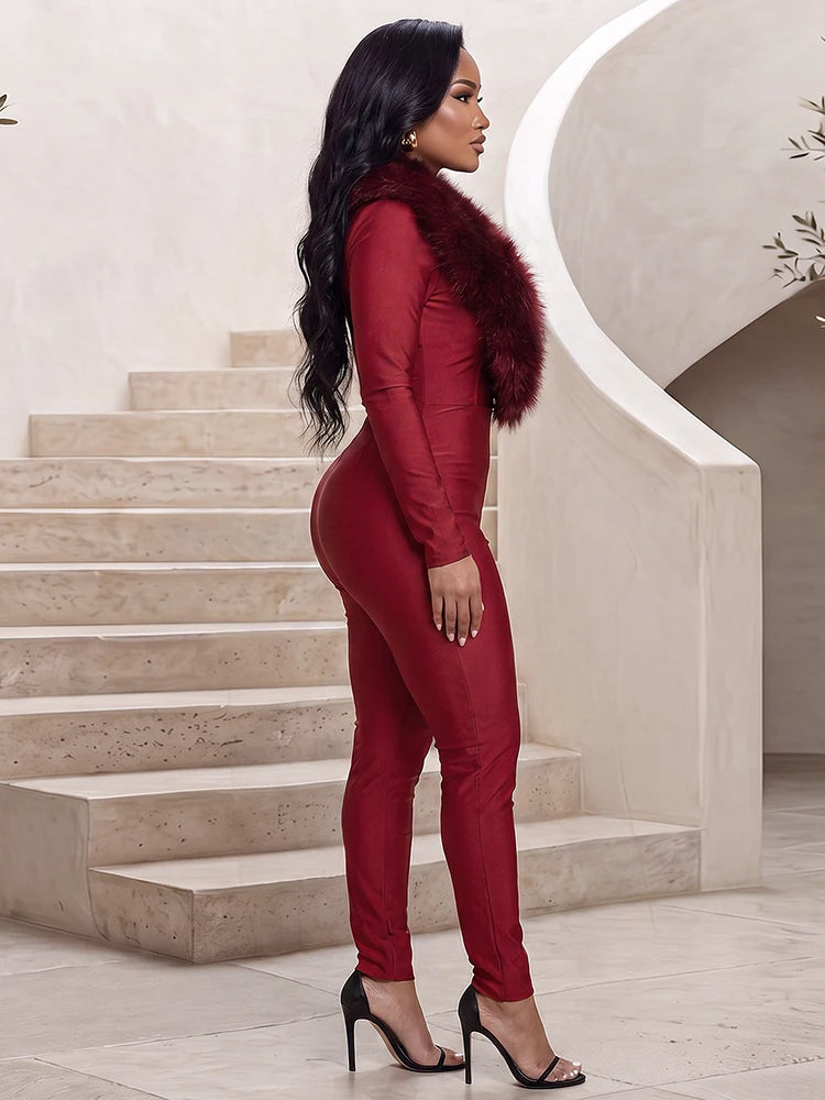 Weird Puss Plush Patchwork Jumpsuits Woman Autumn Trend Low-Neck Full Sleeve Skinny Stretch Midnight Club Party Fashion Overalls