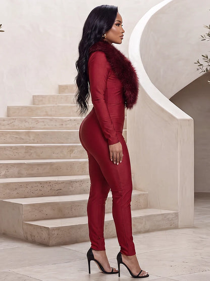 Weird Puss Plush Patchwork Jumpsuits Woman Autumn Trend Low-Neck Full Sleeve Skinny Stretch Midnight Club Party Fashion Overalls