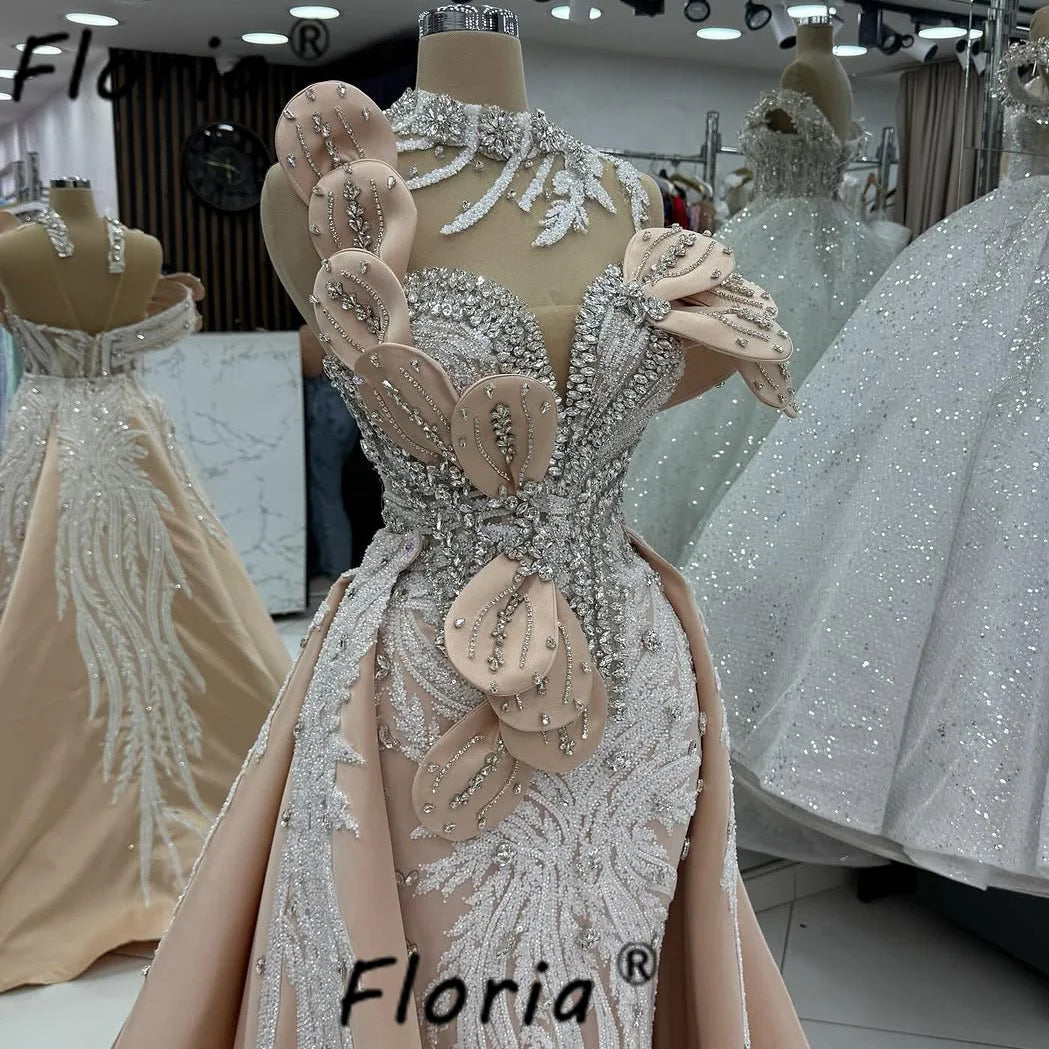 New Champagne Dubai Crystals Mermaid Evening Dress Beaded Leaves 3D Prom Gown With Detachable Customized Long Party Dresses 2025