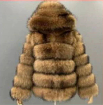 Fashion Winter Women Imitation Fox Fur Jacket Hooded Loose Long Sleeves Female Eco Fur Coat Patchwork Plush Thick Lady Fur Coat