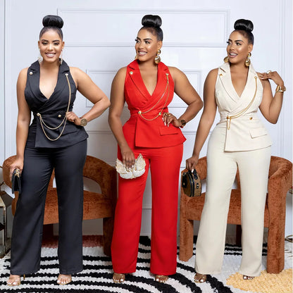 CMYAYA Elegant Womenv-neck High Waist Straight Sleeveless Blazer Jumpsuits 2024 Fall Street Chain Office Lady Party Rompers