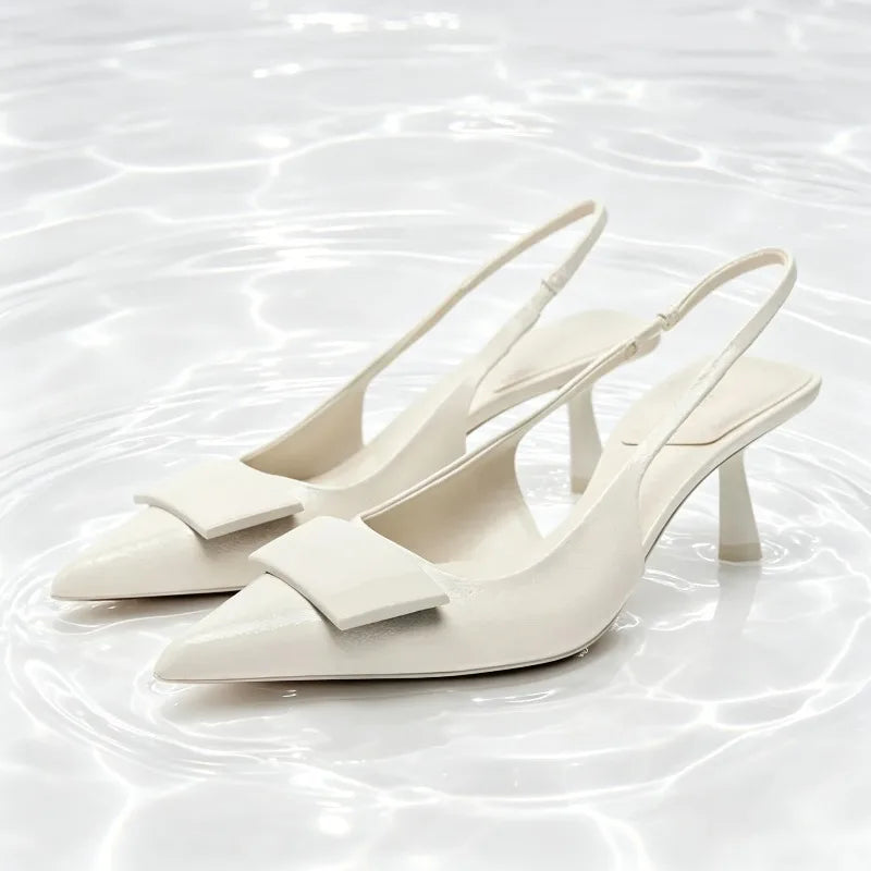 Luxury Designer Slingback Mules Heels Women Sexy Pointed Toe Patent Leather Thin Heeled Sandals Comfortable Elegant Office Shoes