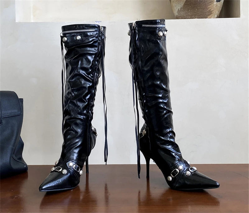 ZAROY Thin High Heels Knee-high Boots Women Winter Shoes Designer Tassels Rivet Side Zippers Sexy Pointed Toe Punk Long Booties