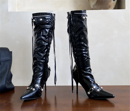 ZAROY Thin High Heels Knee-high Boots Women Winter Shoes Designer Tassels Rivet Side Zippers Sexy Pointed Toe Punk Long Booties