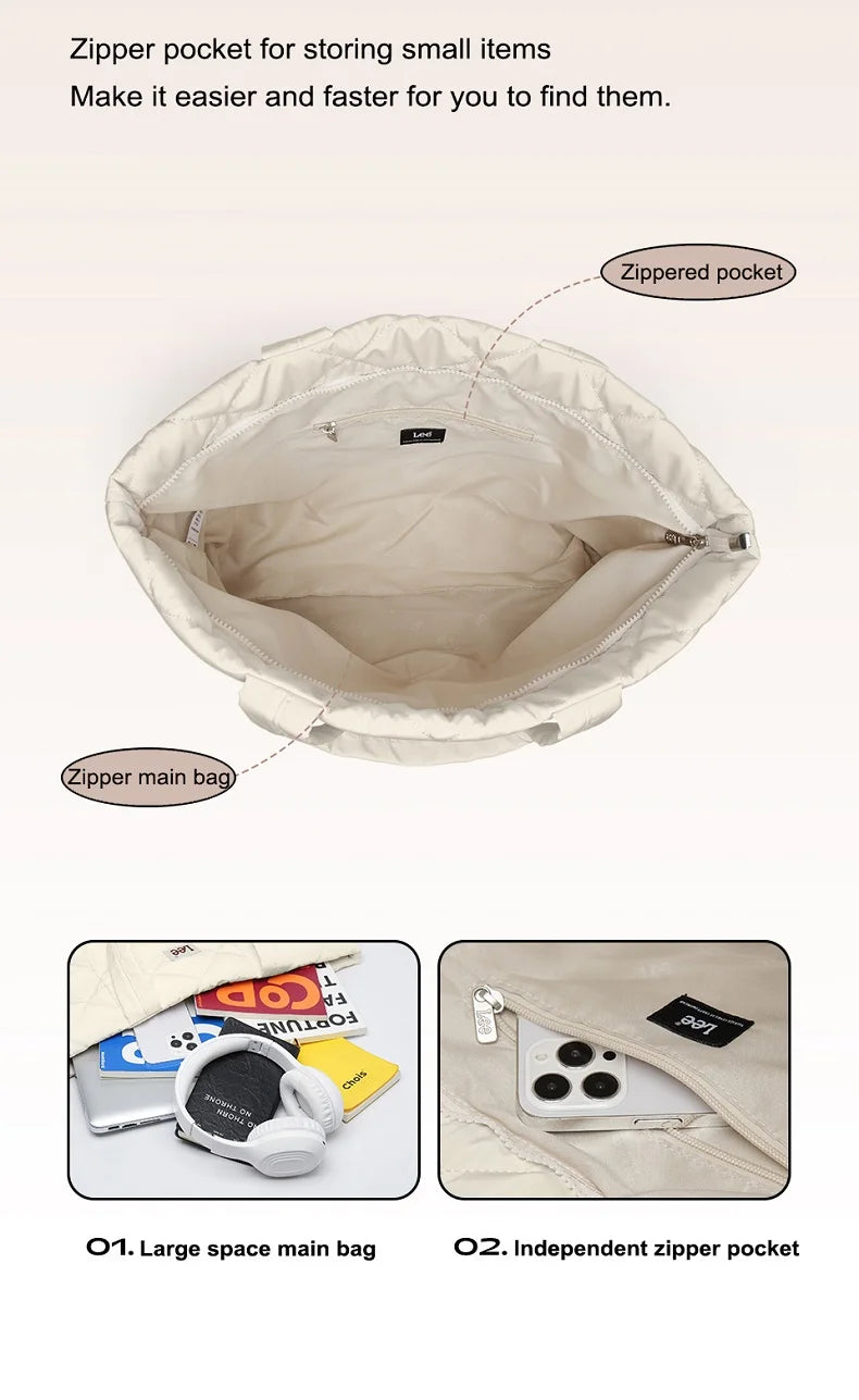 LEE Large Soft Puffer Bag Women Big Size College Students Laptop Book Quilted Tote Bag Lady Down-filled Shopping School Bags