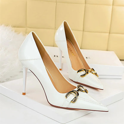 Luxury Design Women 10cm High Heels Metal Buckle Green Pumps Lady Plus Size Wedding Stiletto Heels Party Nude Replica Prom Shoes
