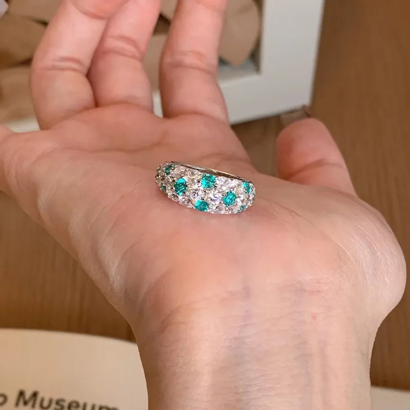 luxury 18K white gold and platinum PT950 Paraiba half-circle full-set diamond ring for women's baby's breath high jewelry