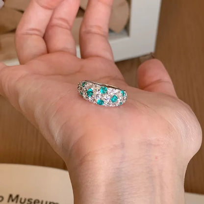 luxury 18K white gold and platinum PT950 Paraiba half-circle full-set diamond ring for women's baby's breath high jewelry