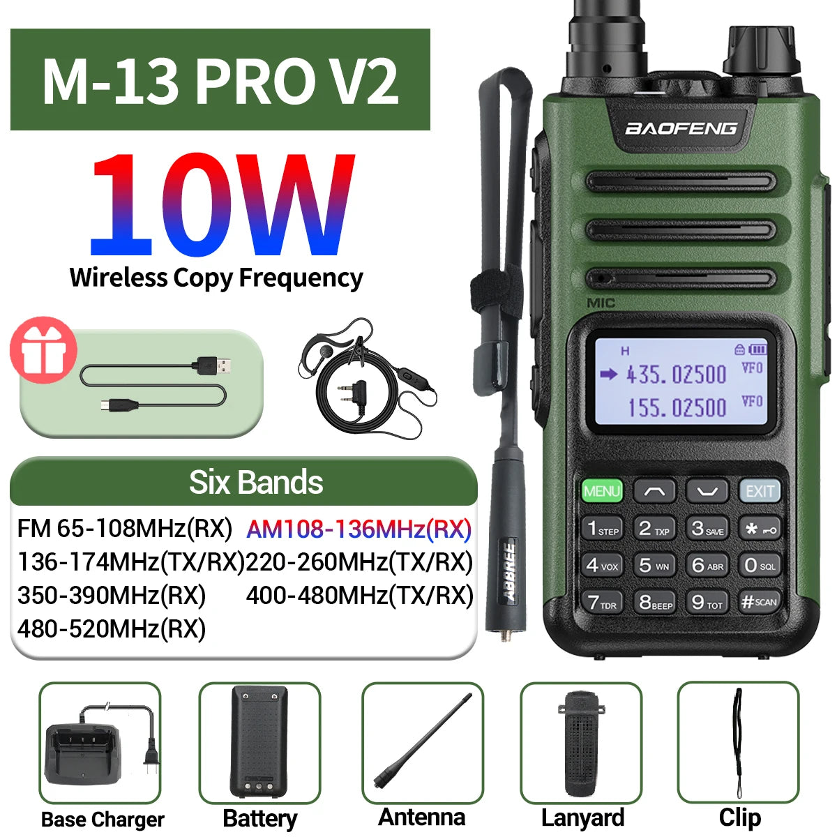 Baofeng M-13 Pro V2 Air Band Walkie Talkie Long Range Wireless Copy Frequency Multi Band NOAA Type-C AM Two Way Radio