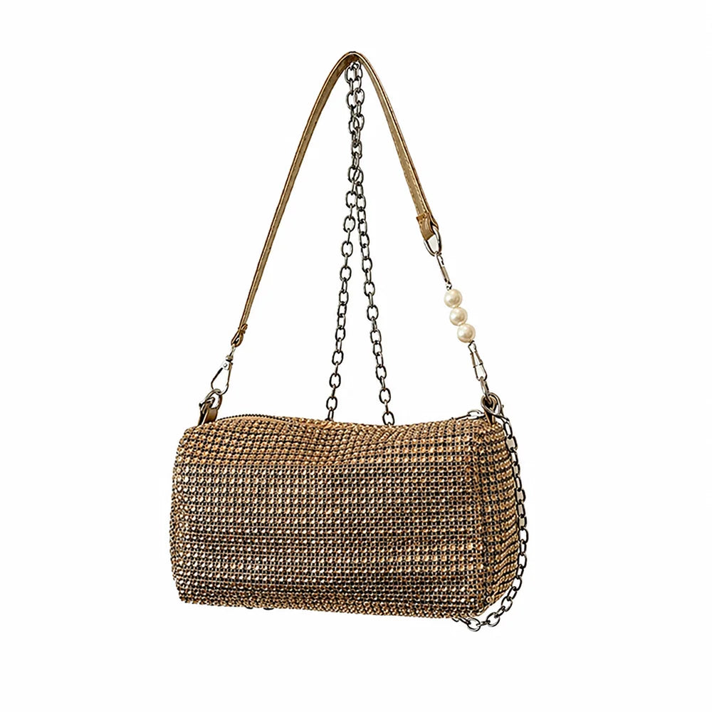 Allover Rhinestone Bucket Bag Waterproof Lightweight Women Crossbody Bag Mini All-match Glitter Chain Prom Purse for Ladies