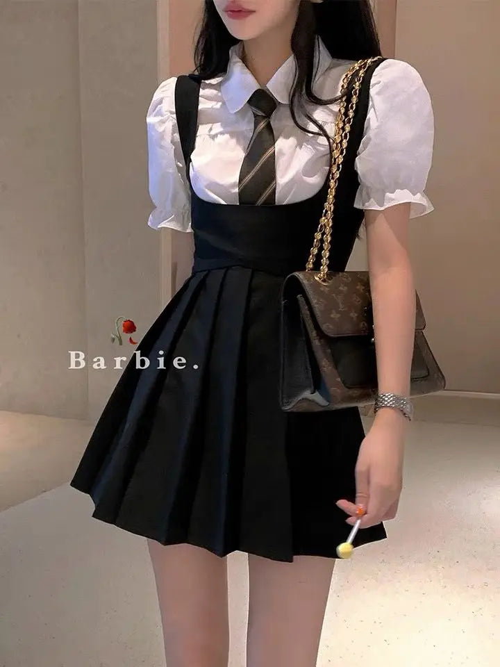 2025 korea japan style female summer fashion style jk uniform halter pleated skirt bubble short sleeve shirt two piece sets g823