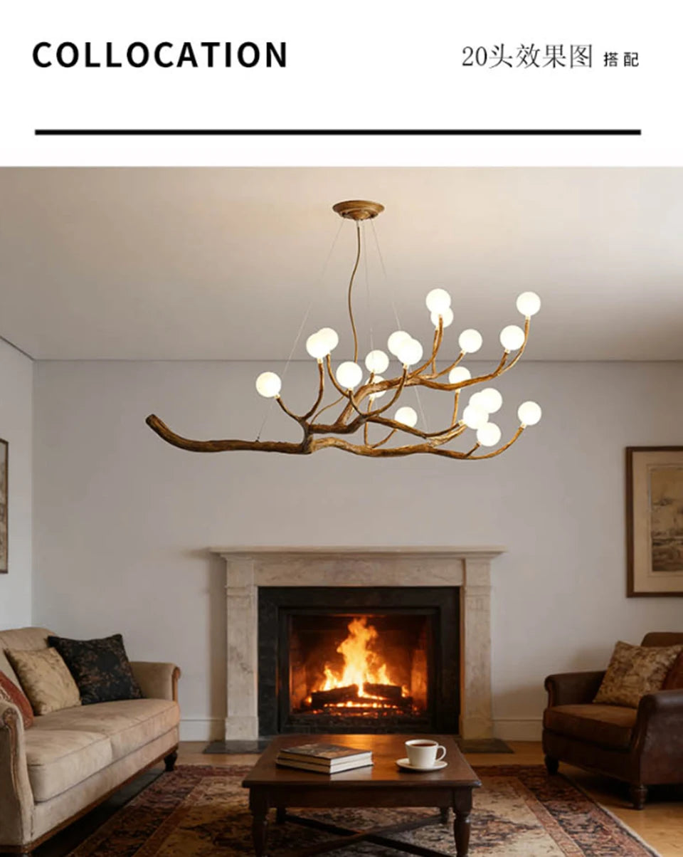 Retro Resin Tree Branch Chandeliers Frosted Glass Bubble LED Pendant Lamp for Living Dining Room Home Decor suspension luminaire