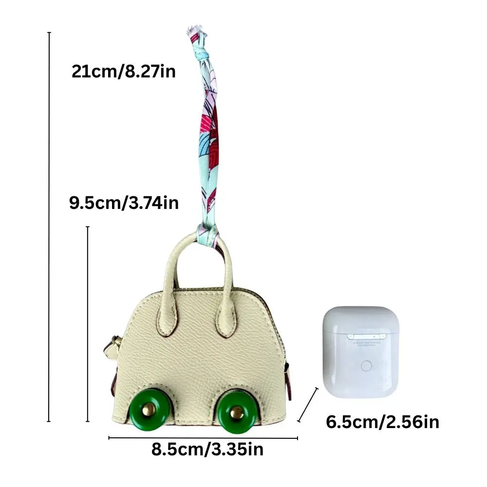 Leather Mini Bag Charm With Cute Wheels - Earphones & Lipstick Pouch with Dual Straps-PU Leather-Ideal For Bag Accessory