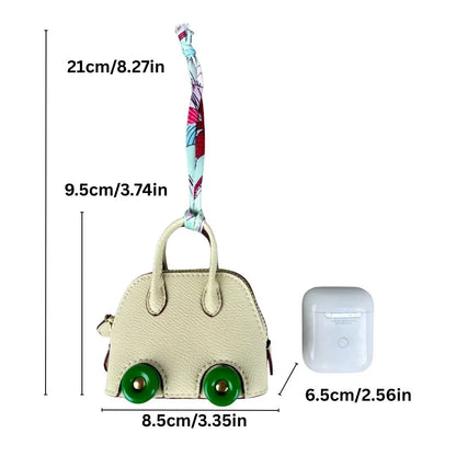Leather Mini Bag Charm With Cute Wheels - Earphones & Lipstick Pouch with Dual Straps-PU Leather-Ideal For Bag Accessory