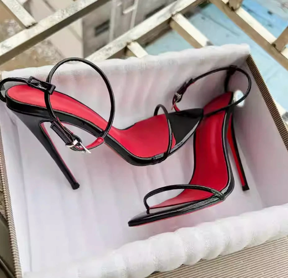 2025 Summer New Laser Purple Fashion Ultra fine One line Buckle with Thin Heels Sandals Sexy Fashion Large Size