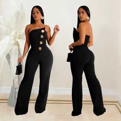 Sexy Backless Strapless Jumpsuit Summer Women Fashion Solid Button Sleeveless Slim Fit Wrap Hip Jumpsuits Elegant Office Romper