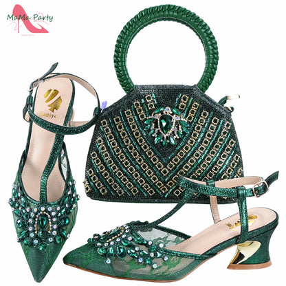 Purple Color New Arrivals Italian Design Nigerian Women Shoes and Bag Set Pointed Toe Slipper with Shinning Crystal for Party