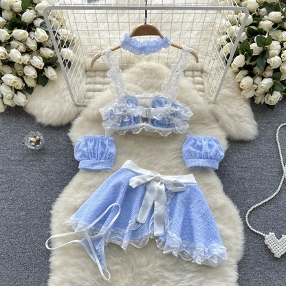 Coquette Lace Lingerie Set Sexy Mesh Bodysuit Valentines Day Sleepwear Gothic Strappy Catsuit Intimate Nightwear Romper
