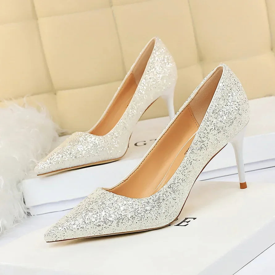 Women Luxury Bling Red  Blue Valentine Party Scarpins Pumps Lady Glitter Sequins 7cm 9.5cm High Heels Designer Shoes Plus Size