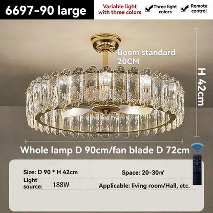 Nordic Luxury Crystal Ceiling Fan Light Modern Minimalist Dining Room Hotel Pendant Lights Living Room Bedroom Silent Fan lamp
