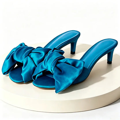Fashion Satin Bow Detail Mules Sandals Women High-quality Open-Toe Kitten-Heel Slippers for Ladies Luxury Brand Designer Shoes