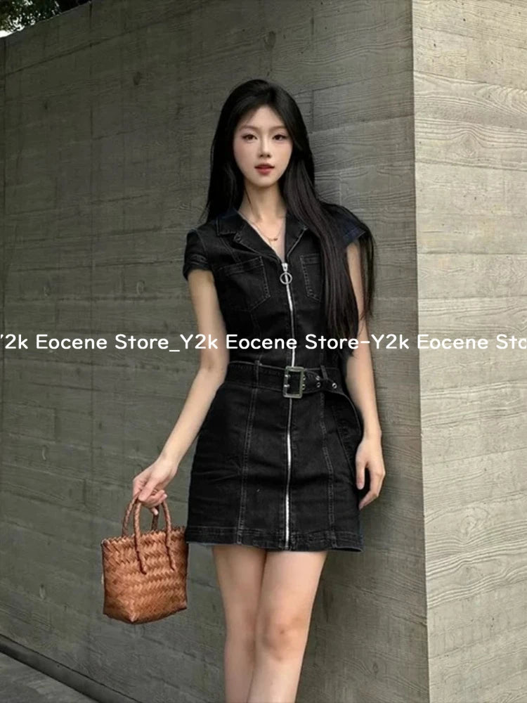 American Retro Black Denim Short Dress Women Summer Zipper Elegant Slim One Piece Dress Korean Fashion Design Casual Clothing