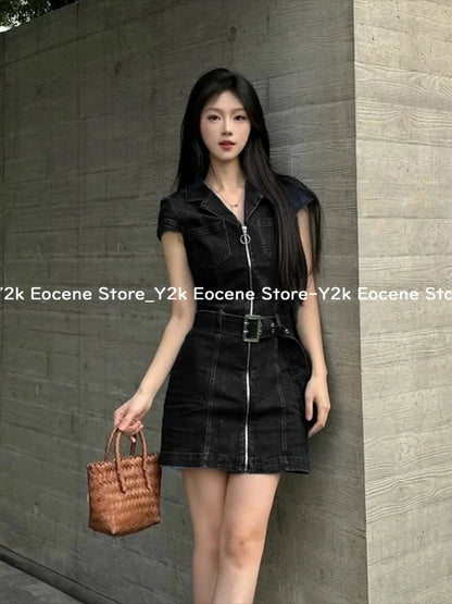 American Retro Black Denim Short Dress Women Summer Zipper Elegant Slim One Piece Dress Korean Fashion Design Casual Clothing