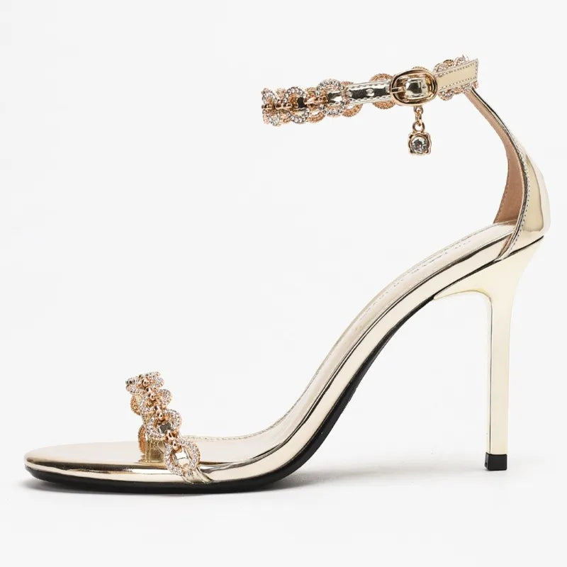 Rhinestone Chain Luxury High Heeled Women Sexy Sandals Female Open Toe Ankle Strap Elegant Banquet Wedding Shoes Women Pumps
