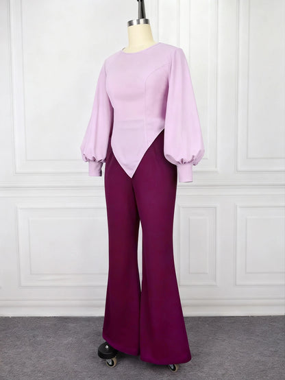 Fashion Color Block Two Piece Set Women Long Lantern Sleeve Asymmetrical Top Wide Leg Pants Suit Elegant Party Causal Outfit