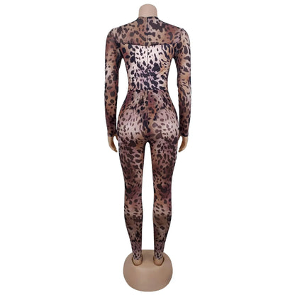 Sexy Bodycon Jumpsuits Women Clothes Leopard Mesh Print Semi Perspective Jump Suit Long Sleeve Bodysuit Nightclub Club Clothes