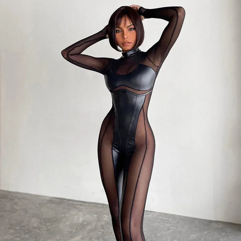 Black Mesh Sheer Bodycon Jumpsuit for Women 2024 Sexy Clubbing Outfits Gothic Punk Black One Piece Techwear C70-EC27