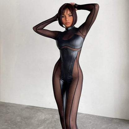 Black Mesh Sheer Bodycon Jumpsuit for Women 2024 Sexy Clubbing Outfits Gothic Punk Black One Piece Techwear C70-EC27