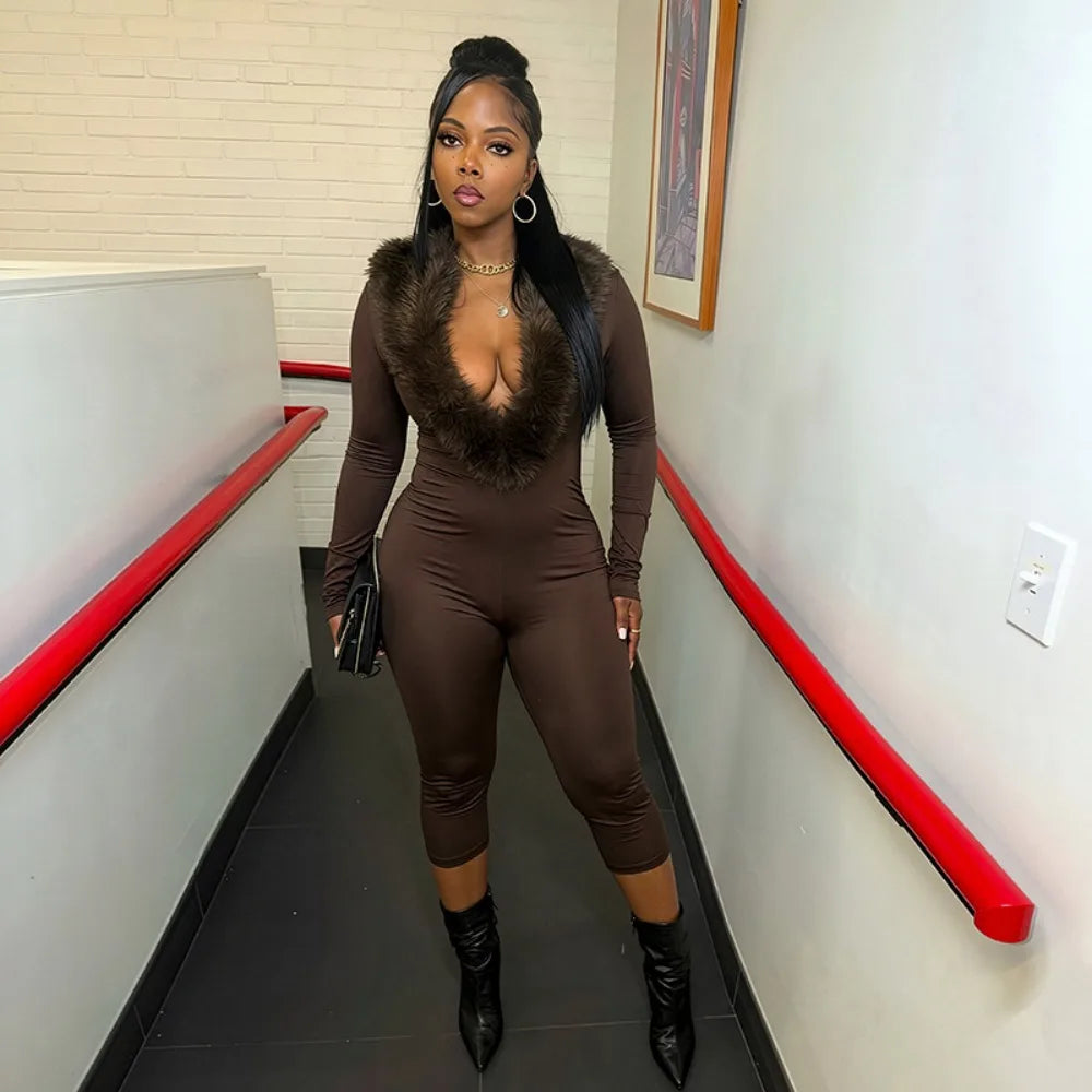 FLARORA Sexy Faux Fur Patchwork Capri Jumpsuits Woman Deep V Neck Full Sleeve Skinny Peach Hip Midnight Party Clubwear Overalls