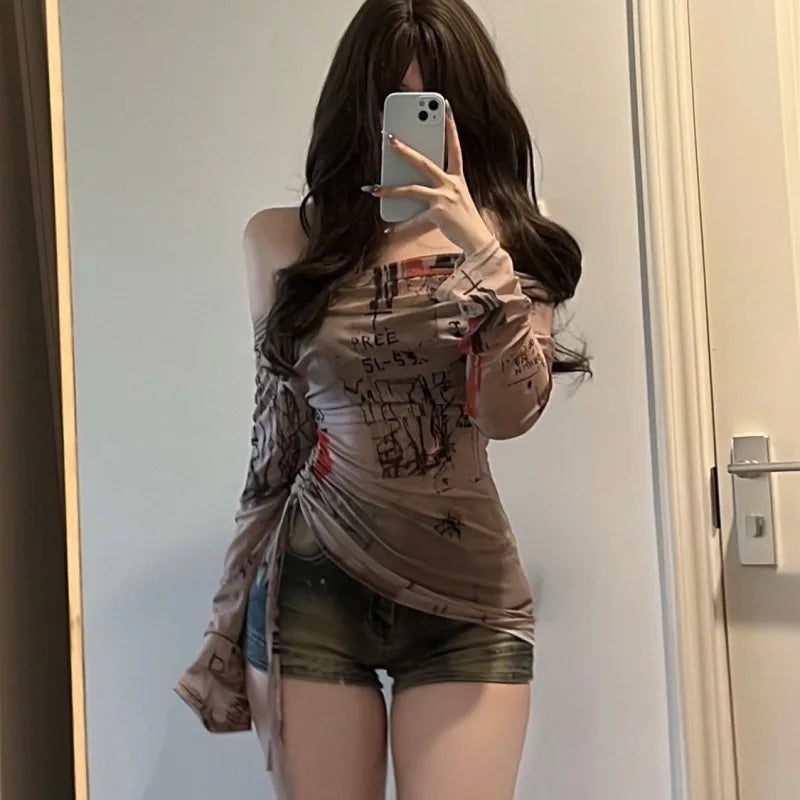 Long-Sleeved T-Shirt Spicy Girl Style One Shoulder Women's Thin Mesh Screen Graffiti Print Irregular Drawstring Top
