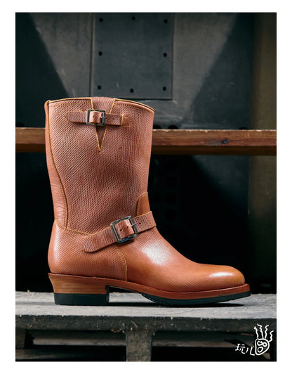 KOWM Cowhide Hiking shoes workwear goodyear shoes trendy  ankle shoes walking sneakers Brown trekking boots men Engineer's boots