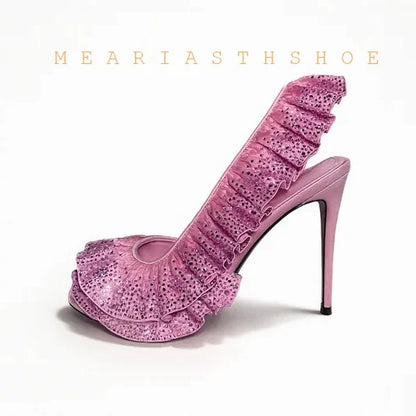 Solid Satin Ruffles Stiletto Sandals Women Elegant Back Strap Sweet Party Flower Shoes Ladies Open Toe Leopard Evening Sandals