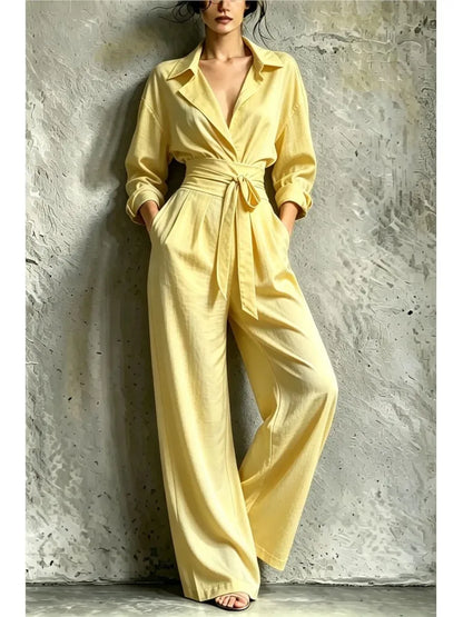 Fashion Lapel Shirt Long Sleeve Women's Jumpsuit Autumn Slim Waist Tie Loose Wide Leg Pants Pocket Female Office Rompers 2026