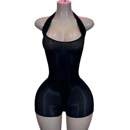 HLJ&GG Sexy Mesh See Though Halter Bodycon One Piece Rompers Women Sleeveless Backless Slim Jumpsuits Fashion Stretchy Overalls