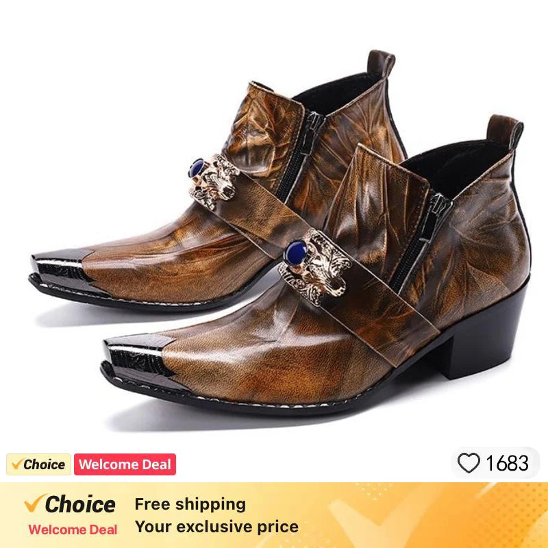 Fashion Luxury Men Boots Genuine Leather Ankle Sanke Boots Men Italian Business Dress Shoes Pointed Toe Cowboy Boots