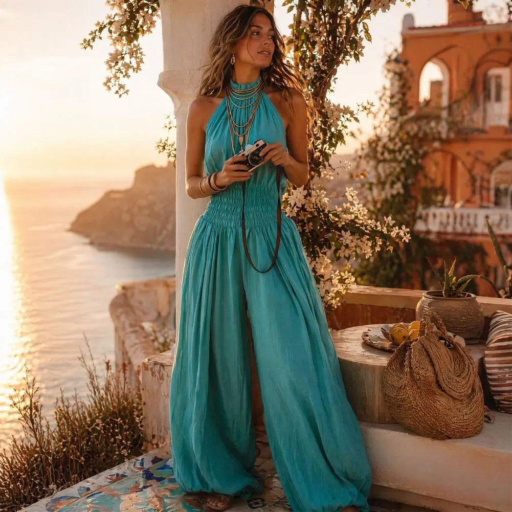 Smocked Waist Lantern Pants Women Rompers Summer Romper Halter Neck Sleeveless Jumpsuit With Lantern Leg For Casual Streetwear