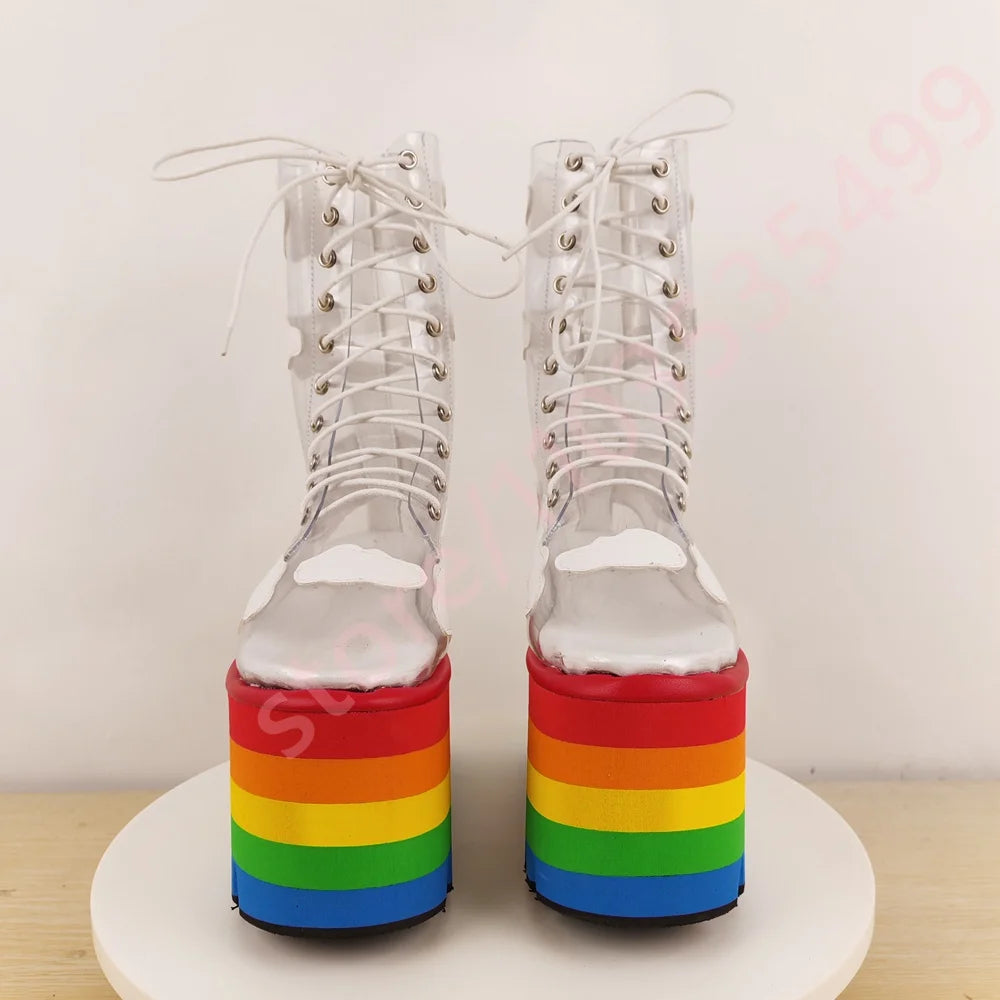 Rainbow Thick Sole Clear Pvc Short Boots 2025 New Round Wedge Heel Street Punk Cross-Lace Stage Boots Fashion Party Casual Boots