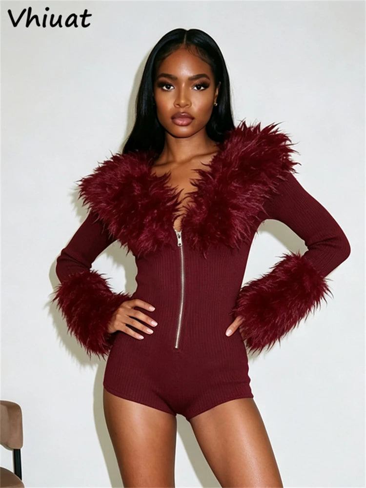 Vhiuat Women Women's Sexy Kintted Faux Fur Slim Playsuits Fashion Streetwear Rompers Fashion One-piece Tops All-match Bodysuit