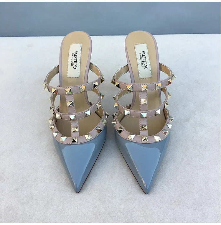 Women's sandals luxury Brand Shoes Woman 2025 trend Ankle Strap Summer Rivets High Heels Slippers Design Pointed Toe Sexy party