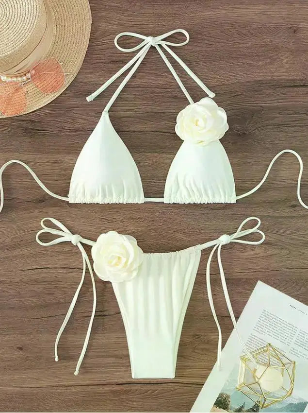2026 S-L Sexy 3D Flowers Halter Strappy Bikini Women Swimwear Female Swimsuit Two-pieces Bikini Set Bather Bathing Suit Swim